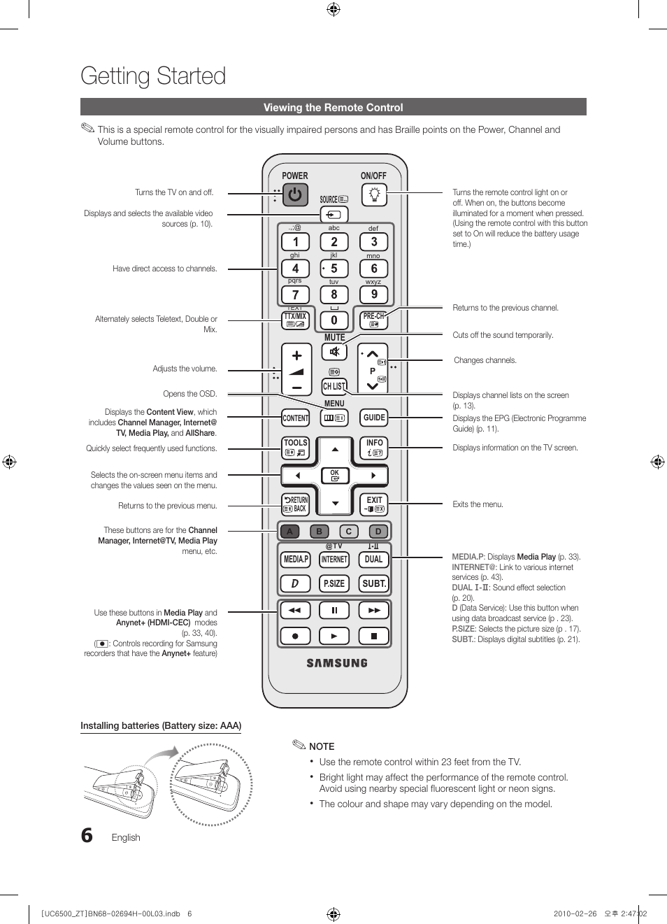 6 viewing the remote control, Getting started | Samsung UE37C6500UP User Manual | Page 6 / 178