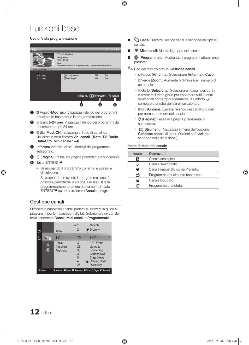 Funzioni base, Gestione canali | Samsung UE37C6500UP User Manual | Page 70 / 178