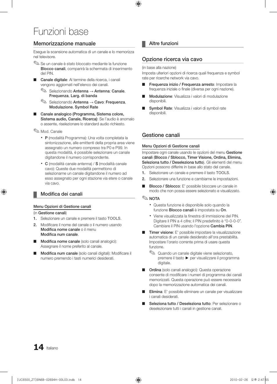 Funzioni base, Opzione ricerca via cavo, Gestione canali | Samsung UE37C6500UP User Manual | Page 72 / 178