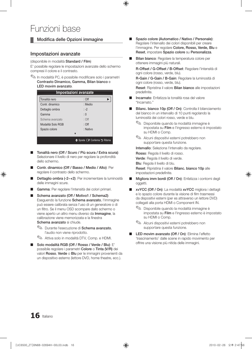 Funzioni base, Impostazioni avanzate | Samsung UE37C6500UP User Manual | Page 74 / 178