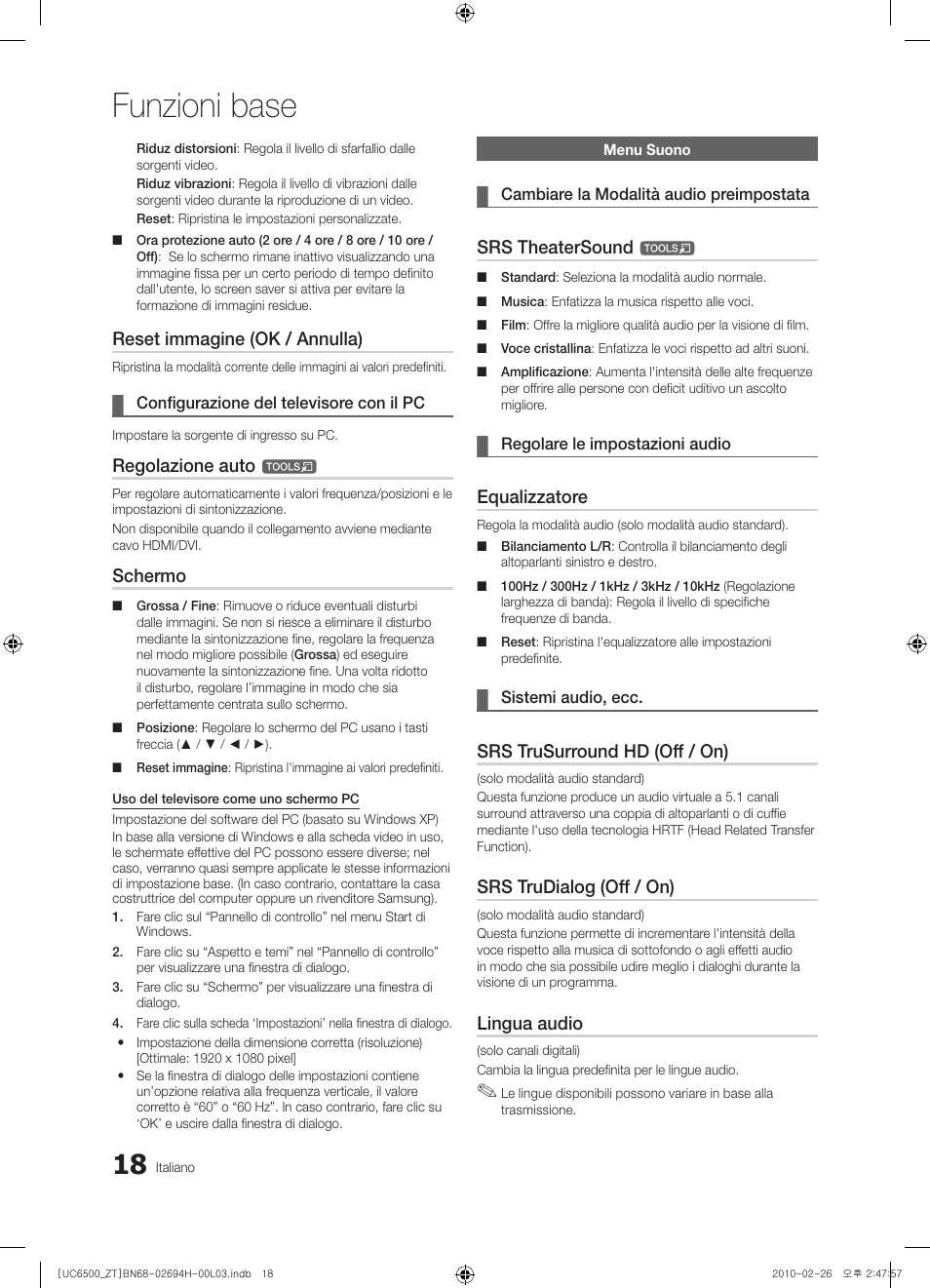18 menu suono, Funzioni base, Reset immagine (ok / annulla) | Regolazione auto, Schermo, Srs theatersound, Equalizzatore, Srs trusurround hd (off / on), Srs trudialog (off / on), Lingua audio | Samsung UE37C6500UP User Manual | Page 76 / 178