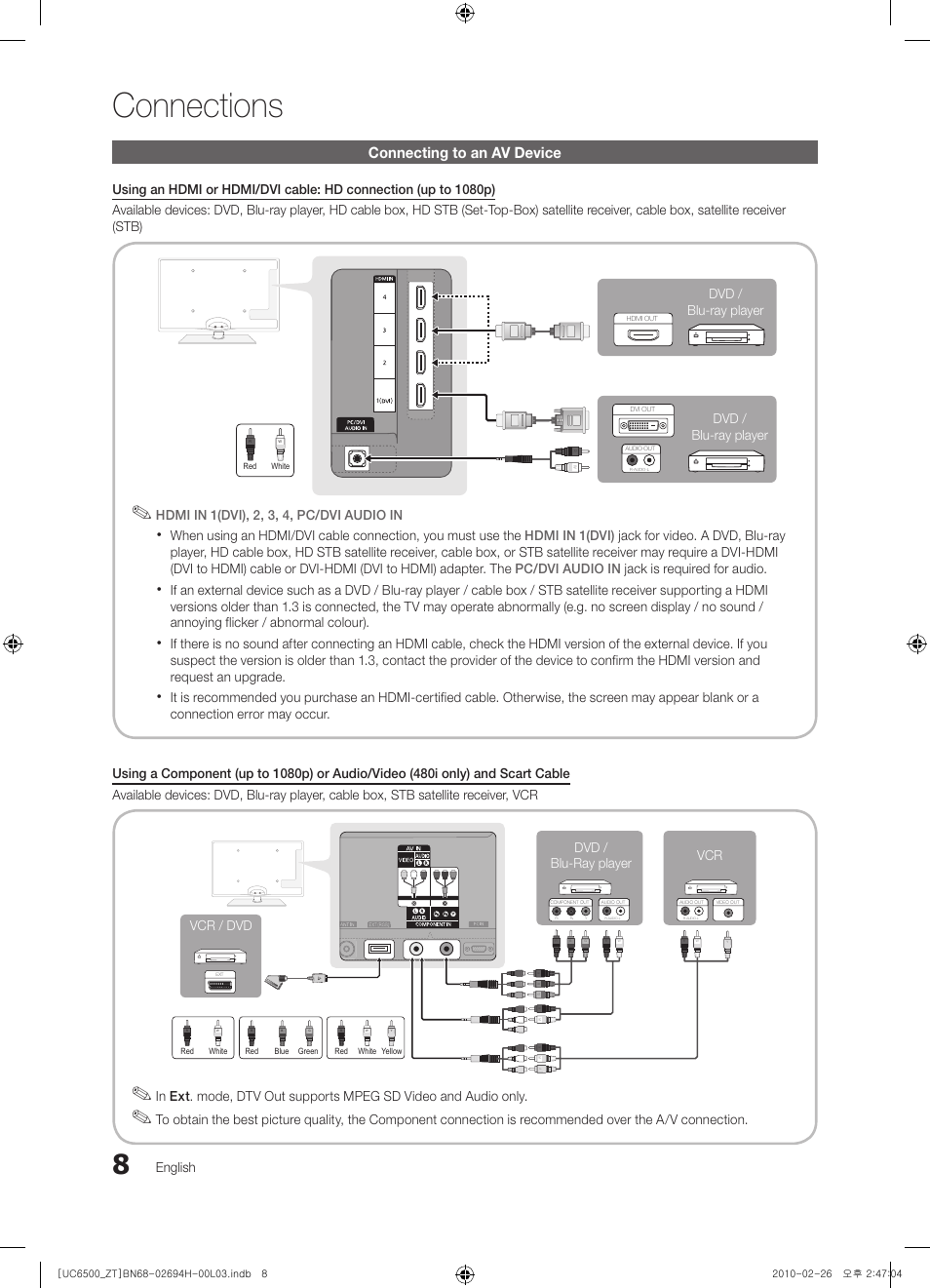 Connections, 8 connecting to an av device, Connecting to an av device | English, Hdmi in 1(dvi), 2, 3, 4, pc/dvi audio in, Vcr / dvd vcr dvd / blu-ray player, Dvd / blu-ray player dvd / blu-ray player | Samsung UE37C6500UP User Manual | Page 8 / 178