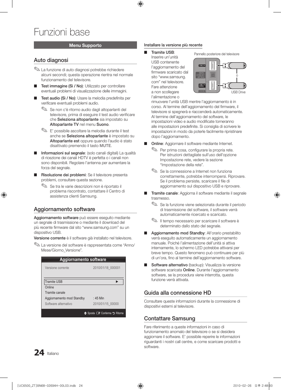 24 menu supporto, Funzioni base, Auto diagnosi | Aggiornamento software, Guida alla connessione hd, Contattare samsung | Samsung UE37C6500UP User Manual | Page 82 / 178