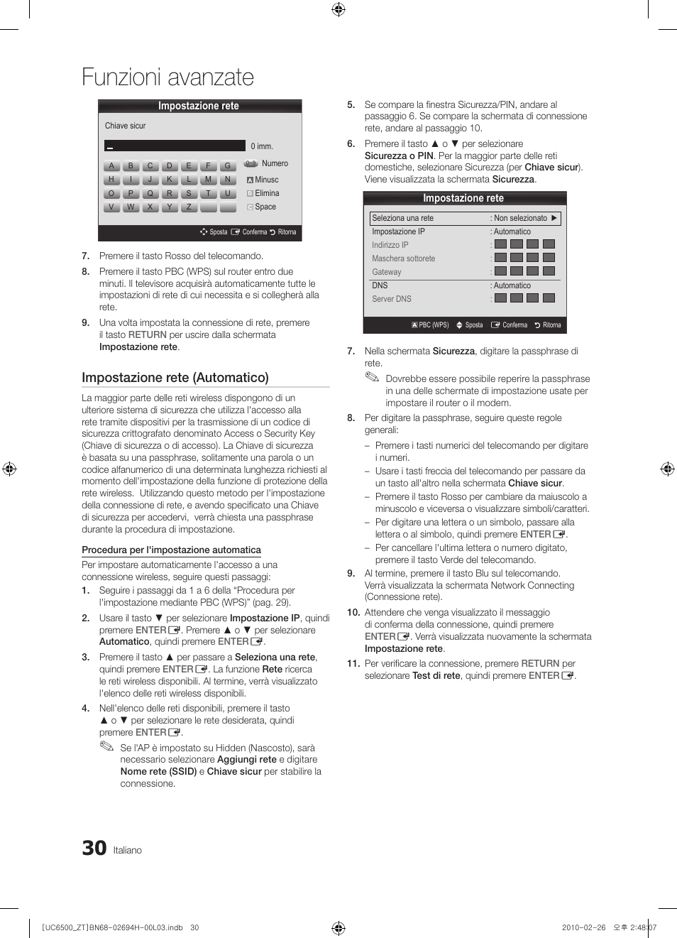 Funzioni avanzate, Impostazione rete (automatico) | Samsung UE37C6500UP User Manual | Page 88 / 178