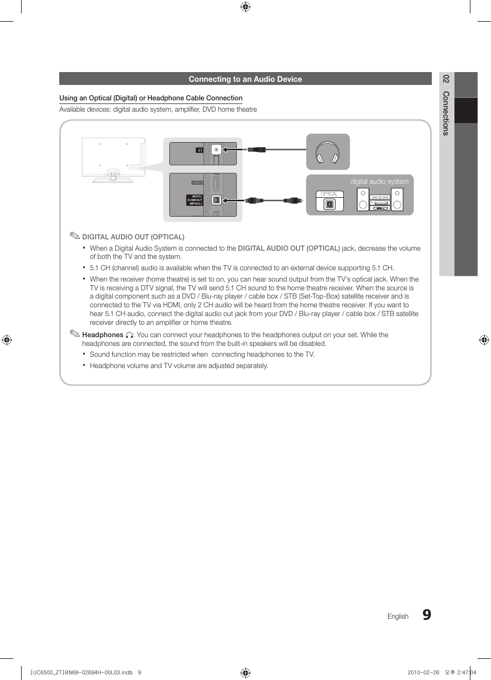 9 connecting to an audio device | Samsung UE37C6500UP User Manual | Page 9 / 178