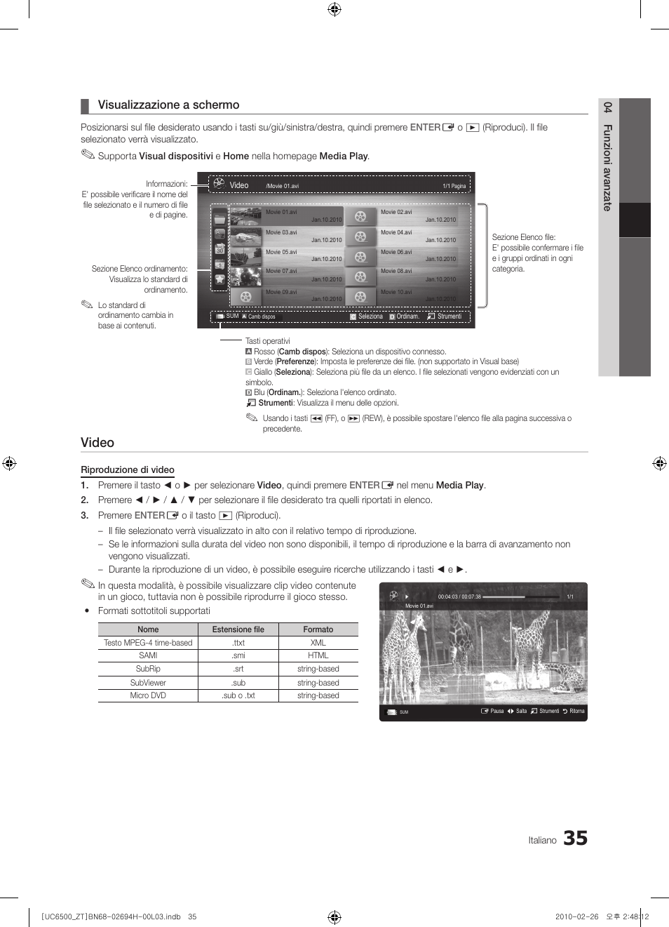 Video, Visualizzazione a schermo | Samsung UE37C6500UP User Manual | Page 93 / 178