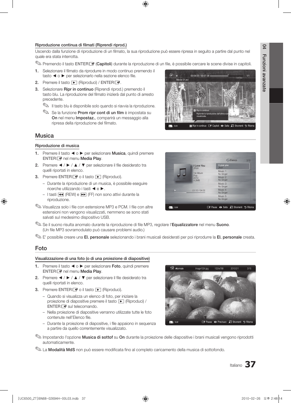 Musica, Foto | Samsung UE37C6500UP User Manual | Page 95 / 178