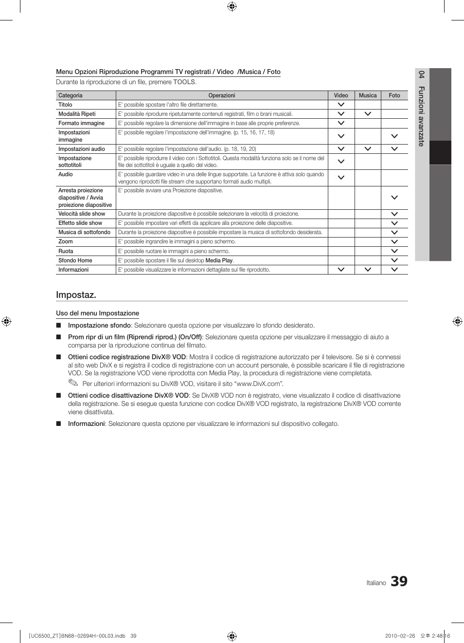 Impostaz | Samsung UE37C6500UP User Manual | Page 97 / 178