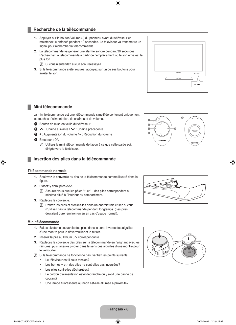 Recherche de la télécommande, Mini télécommande, Insertion des piles dans la télécommande | Samsung UE40B8000XP User Manual | Page 100 / 710