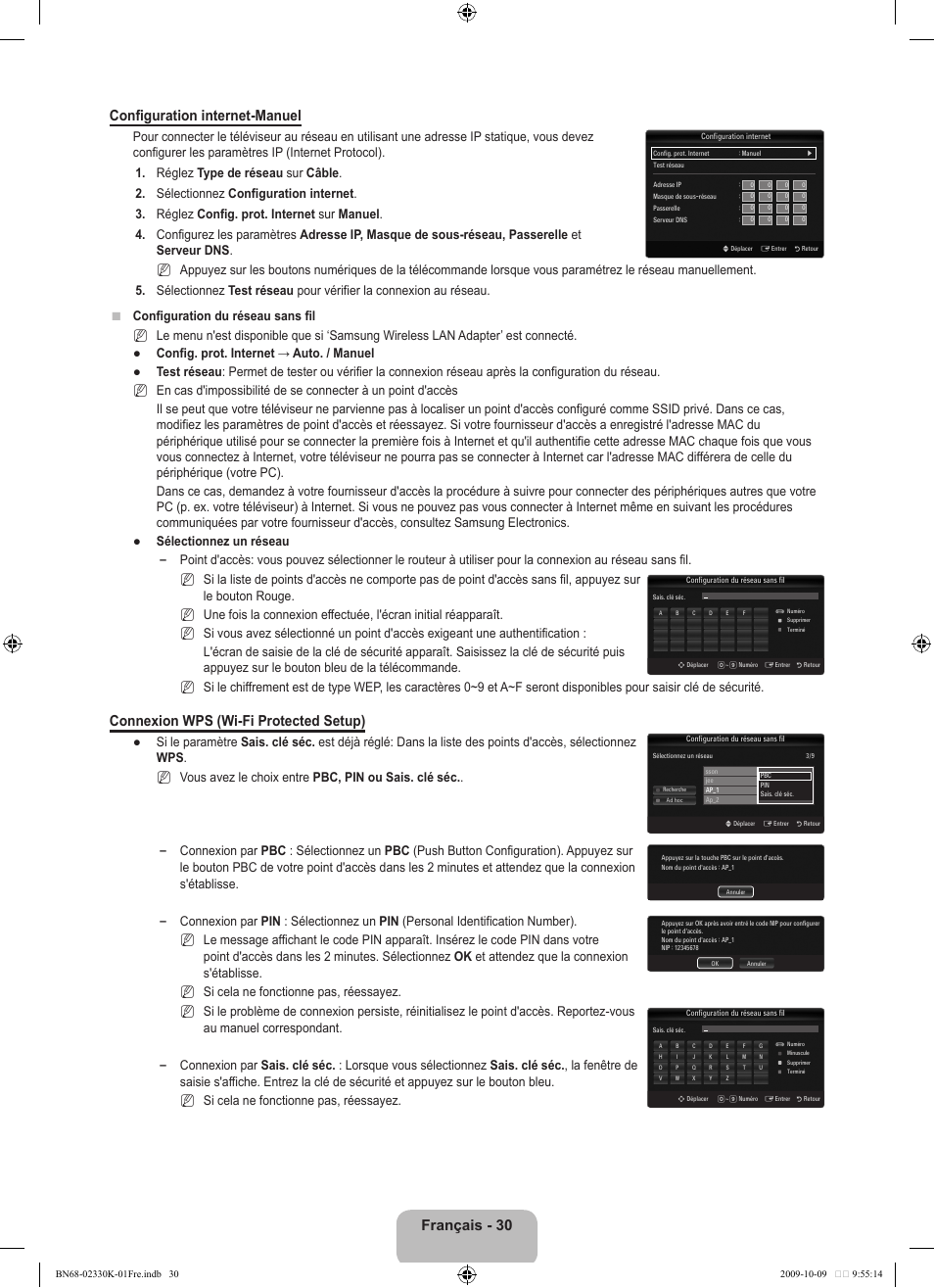 Français - 30 configuration internet-manuel, Connexion wps (wi-fi protected setup) | Samsung UE40B8000XP User Manual | Page 122 / 710