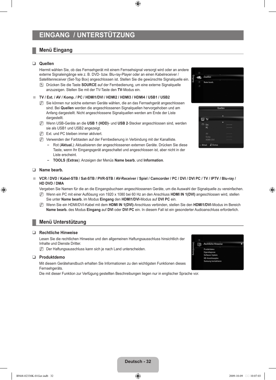 Eingang / unterstützung, Menü eingang, Menü unterstützung | Samsung UE40B8000XP User Manual | Page 200 / 710