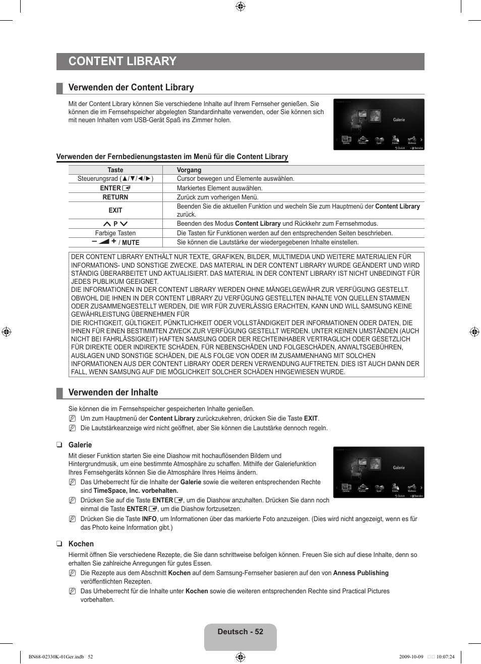 Content library, Verwenden der content library, Verwenden der inhalte | Samsung UE40B8000XP User Manual | Page 220 / 710