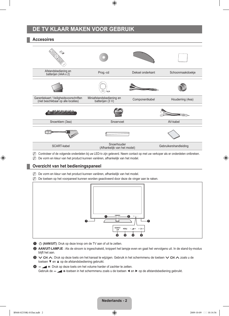 De tv klaar maken voor gebruik, Accesoires, Overzicht van het bedieningspaneel | Samsung UE40B8000XP User Manual | Page 246 / 710