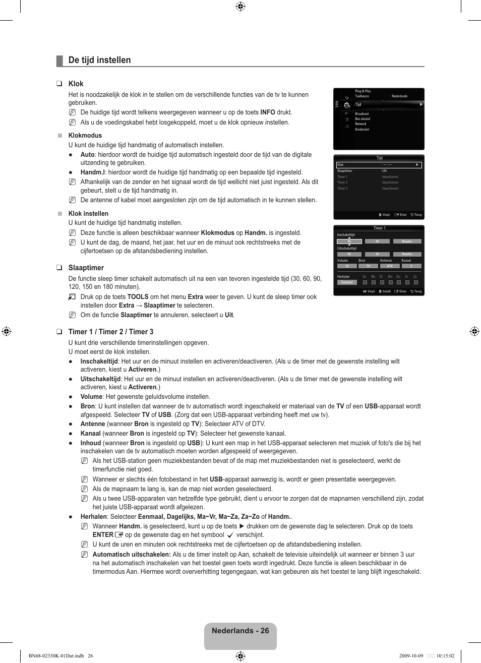 De tijd instellen, Nederlands - 26, Klok | Slaaptimer, Timer 1 / timer 2 / timer 3 | Samsung UE40B8000XP User Manual | Page 270 / 710