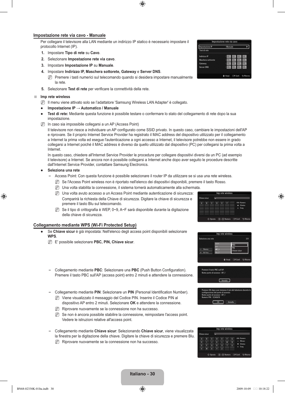 Italiano - 30 impostazione rete via cavo - manuale, Collegamento mediante wps (wi-fi protected setup) | Samsung UE40B8000XP User Manual | Page 350 / 710