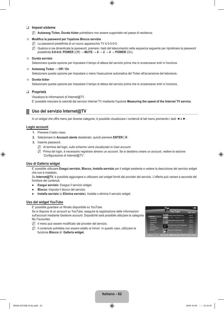 Uso del servizio internet@tv, Italiano - 62 impost sistema, Proprietà | Login account, Uso di galleria widget, Uso del widget youtube | Samsung UE40B8000XP User Manual | Page 382 / 710