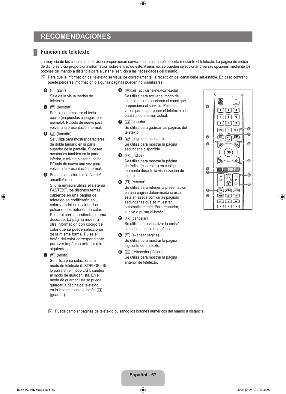 Recomendaciones, Función de teletexto | Samsung UE40B8000XP User Manual | Page 465 / 710