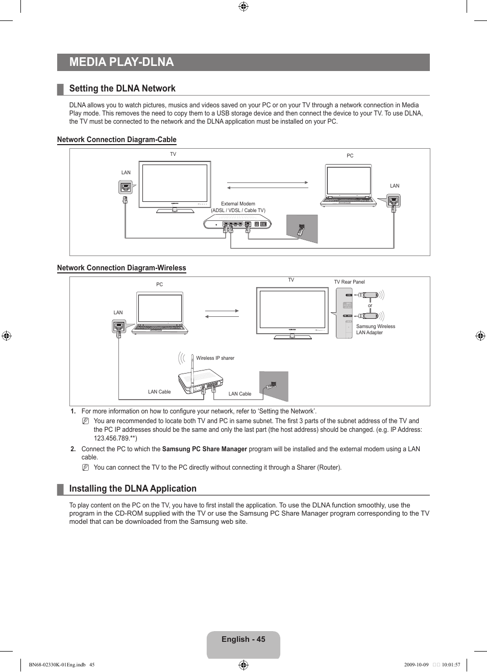 Media play -dlna, Setting the dlna network, Installing the dlna application | Media play-dlna | Samsung UE40B8000XP User Manual | Page 47 / 710