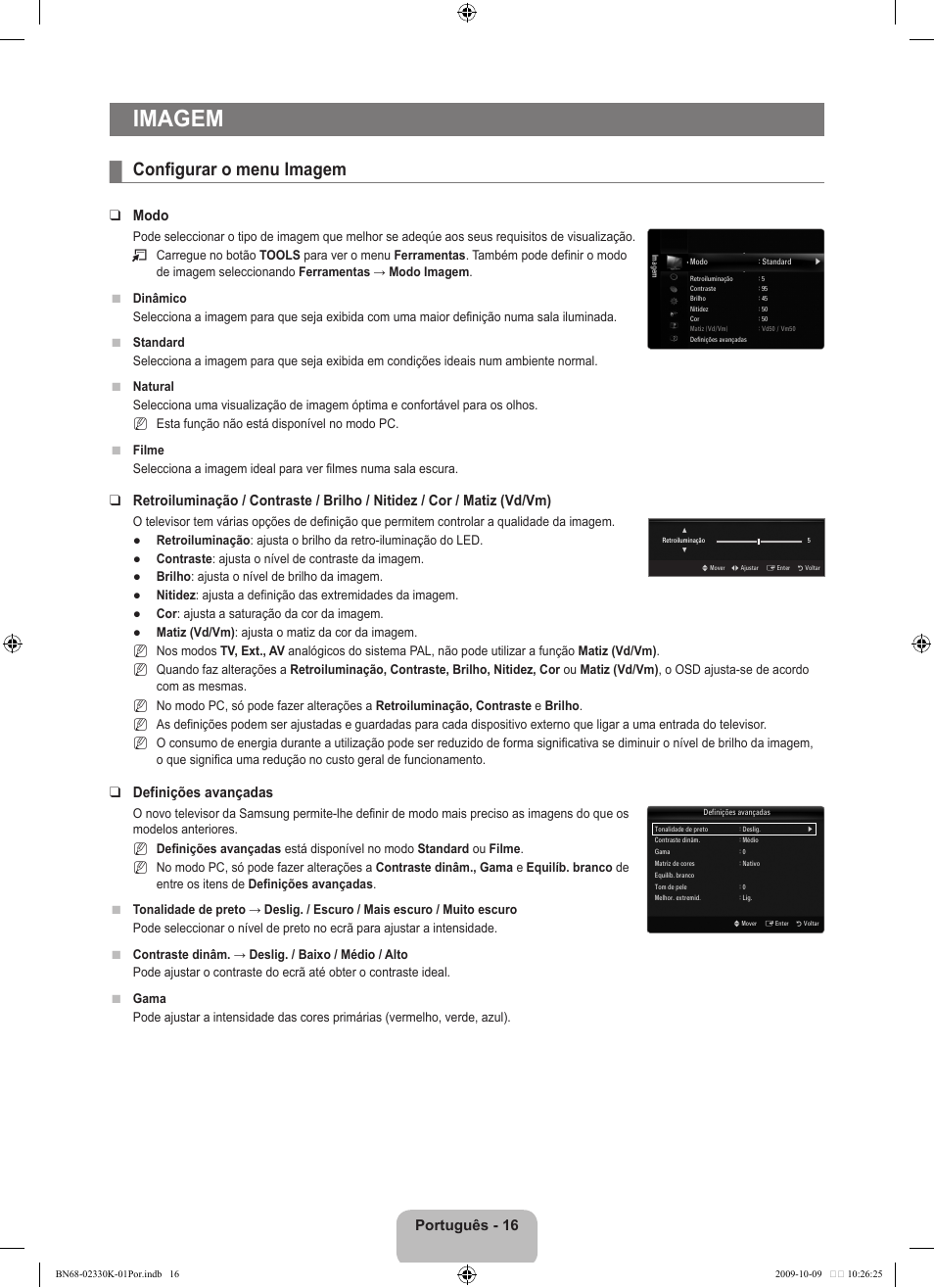 Imagem, Configurar o menu imagem, Português - 16 | Modo, Definições avançadas | Samsung UE40B8000XP User Manual | Page 490 / 710