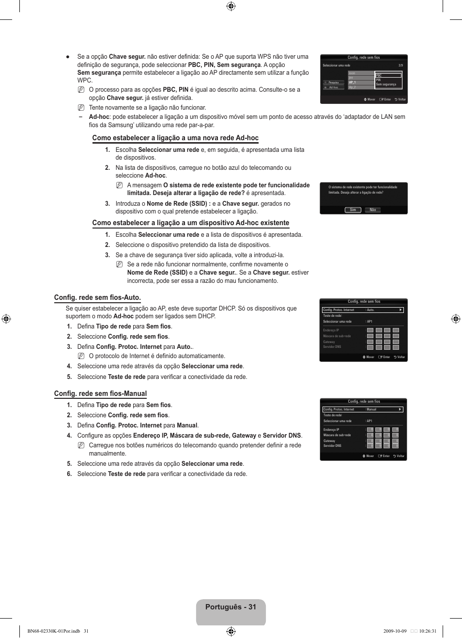 Português - 31, Como estabelecer a ligação a uma nova rede ad-hoc, Config. rede sem fios-auto | Config. rede sem fios-manual | Samsung UE40B8000XP User Manual | Page 505 / 710