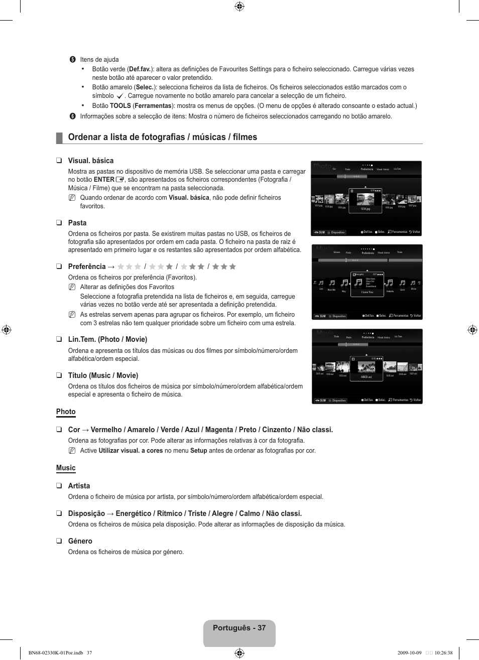 Ordenar a lista de fotografias / músicas / filmes, Português - 3, Visual. básica | Pasta, Preferência → fff / ff f / f ff / fff, Lin.tem. (photo / movie), Título (music / movie), Music artista, Género | Samsung UE40B8000XP User Manual | Page 511 / 710