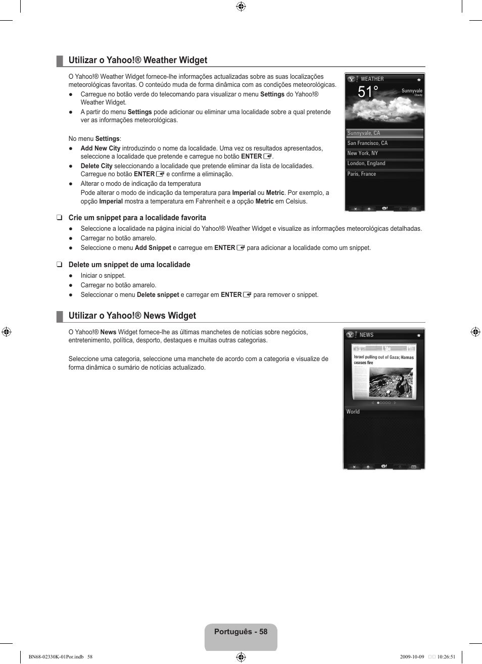 Utilizar o yahoo!® weather widget, Utilizar o yahoo!® news widget | Samsung UE40B8000XP User Manual | Page 532 / 710