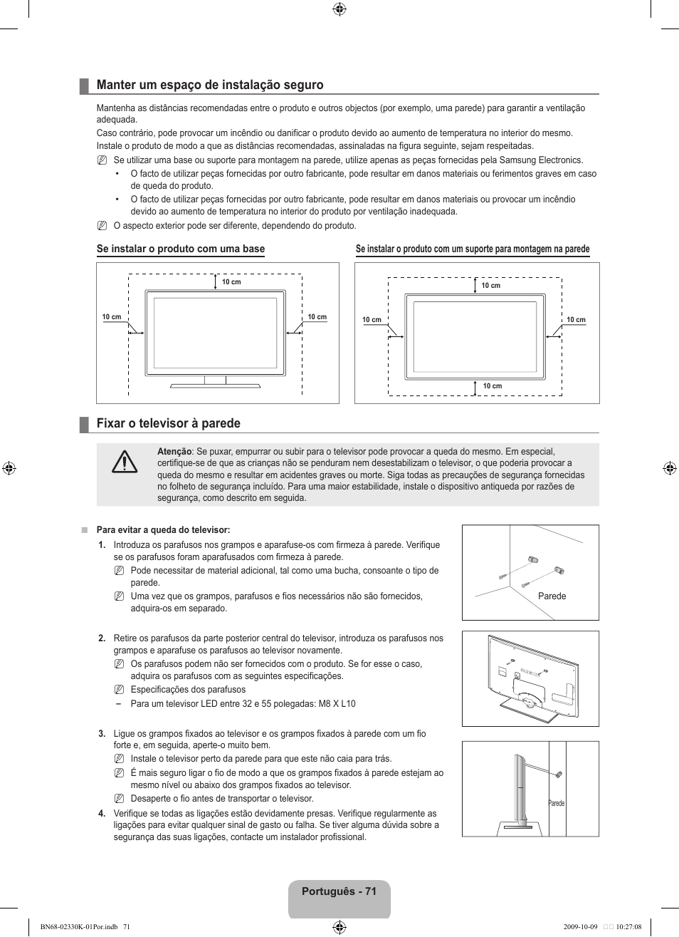 Manter um espaço de instalação seguro, Fixar o televisor à parede | Samsung UE40B8000XP User Manual | Page 545 / 710