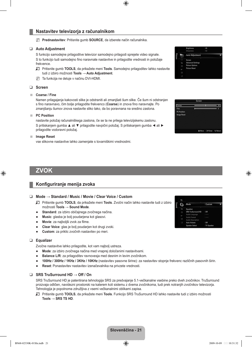 Zvok, Nastavitev televizorja z računalnikom, Konfiguriranje menija zvoka | Slovenščina, Auto adjustment, Screen, Equalizer, Srs trusurround hd → off / on | Samsung UE40B8000XP User Manual | Page 571 / 710