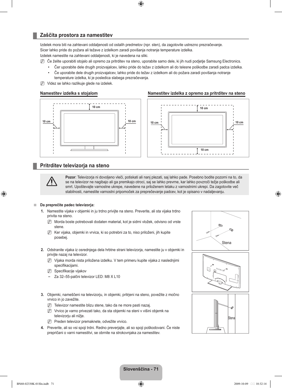 Zaščita prostora za namestitev, Pritrditev televizorja na steno | Samsung UE40B8000XP User Manual | Page 621 / 710