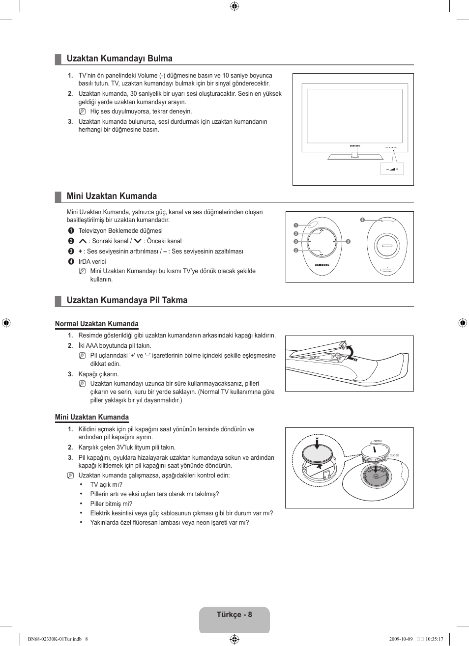 Çalıştırma, Uzaktan kumandayı bulma, Mini uzaktan kumanda | Uzaktan kumandaya pil takma | Samsung UE40B8000XP User Manual | Page 634 / 710