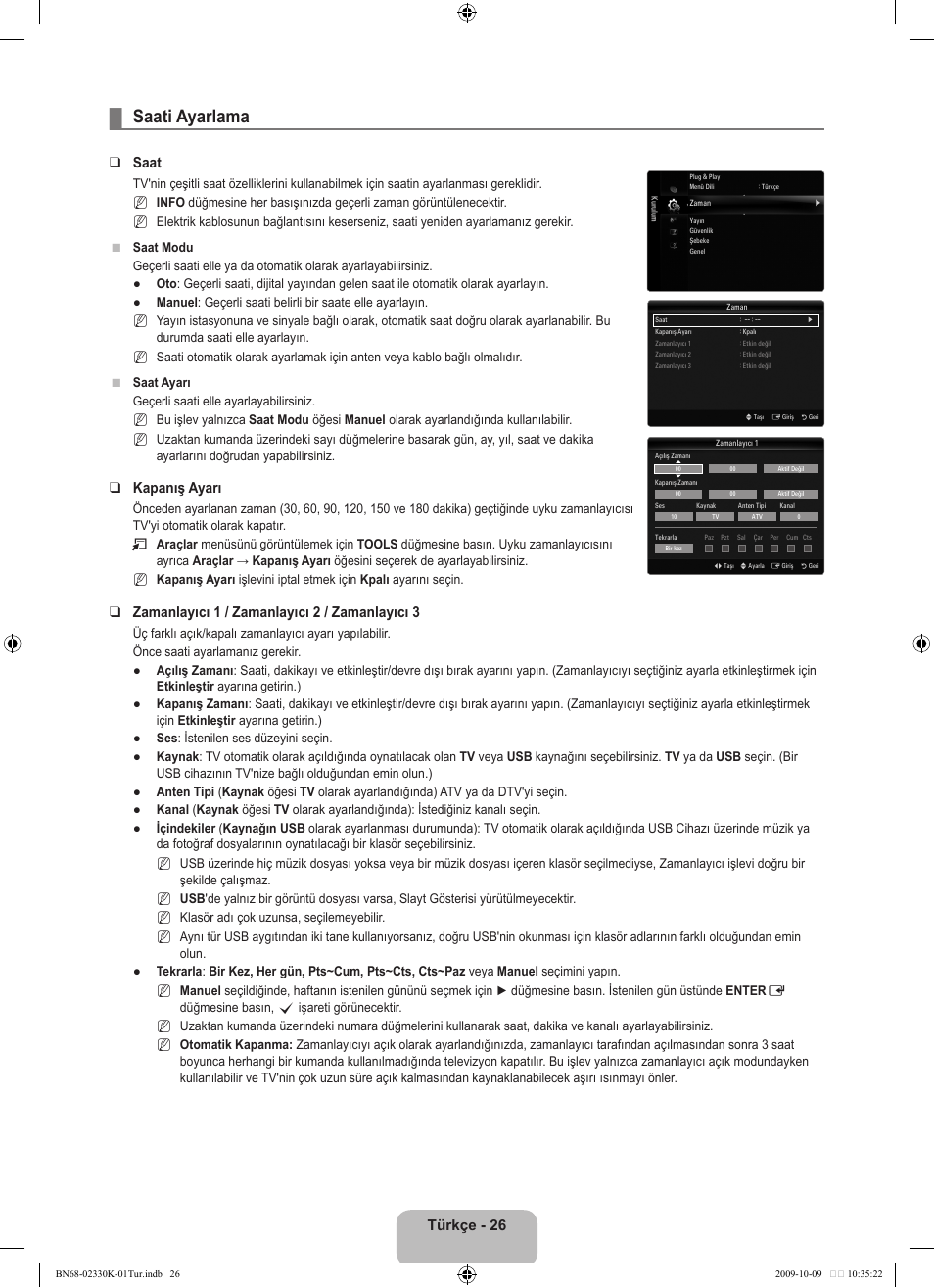Saati ayarlama, Türkçe - 26, Saat | Kapanış ayarı, Zamanlayıcı 1 / zamanlayıcı 2 / zamanlayıcı 3 | Samsung UE40B8000XP User Manual | Page 652 / 710