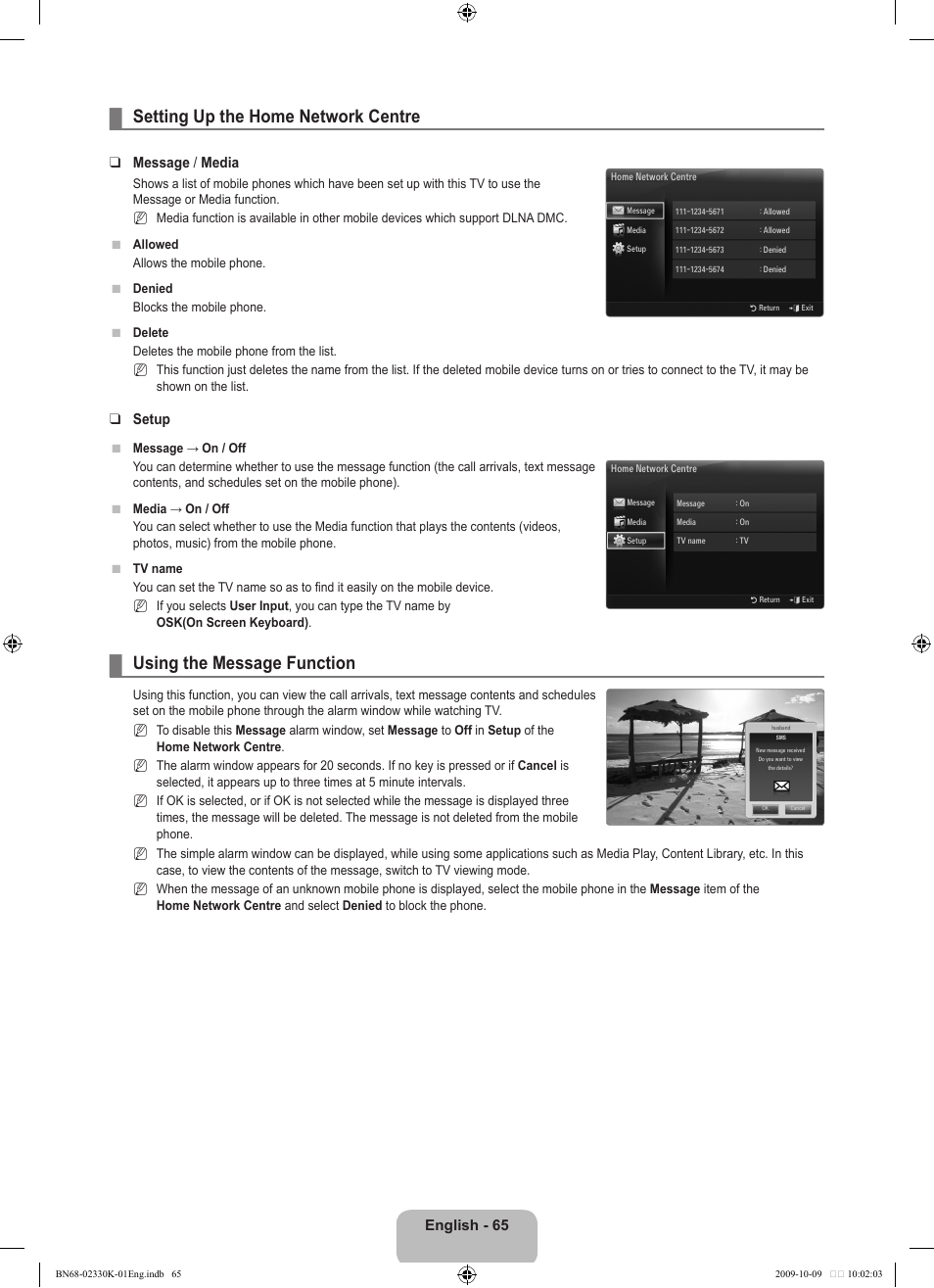 Setting up the home network centre, Using the message function, English - 65 | Message / media, Setup | Samsung UE40B8000XP User Manual | Page 67 / 710