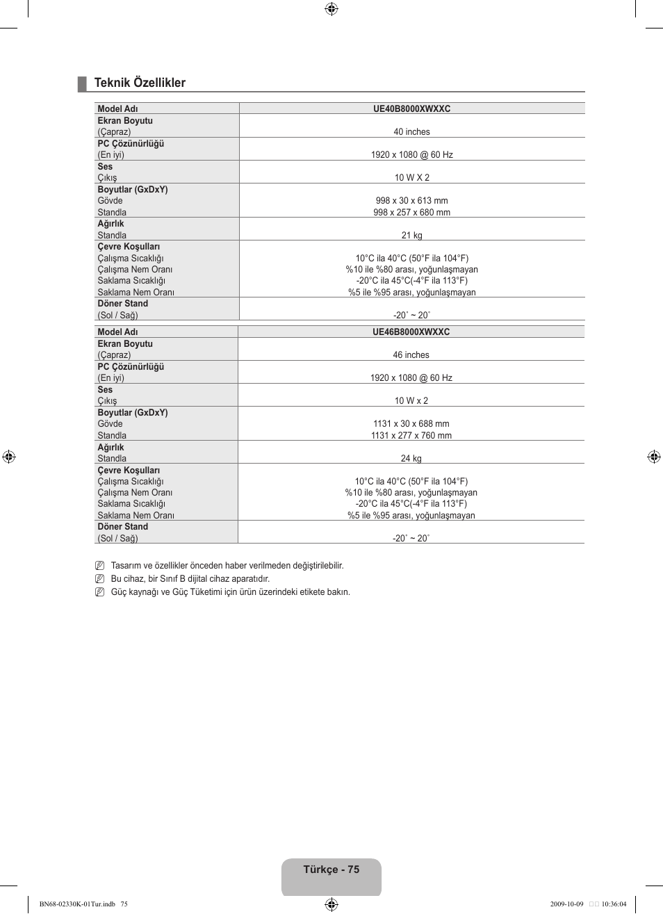 Teknik özellikler | Samsung UE40B8000XP User Manual | Page 701 / 710