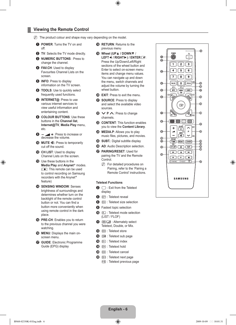 Viewing the remote control | Samsung UE40B8000XP User Manual | Page 8 / 710