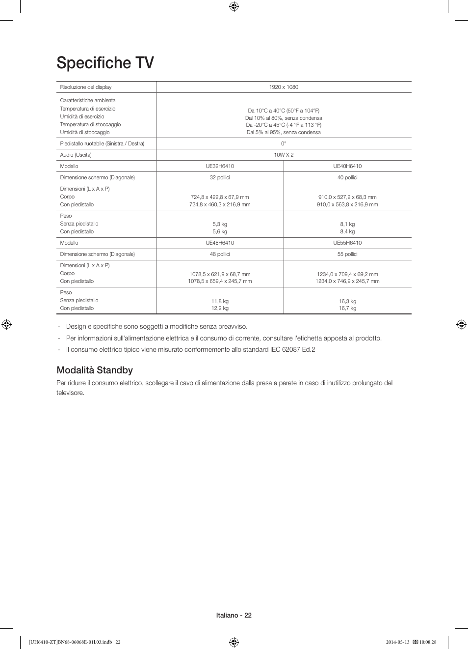 Specifiche tv, Modalità standby | Samsung UE40H6410SD User Manual | Page 45 / 71