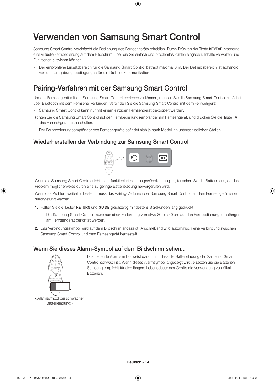 Verwenden von samsung smart control, Pairing-verfahren mit der samsung smart control | Samsung UE40H6410SD User Manual | Page 61 / 71