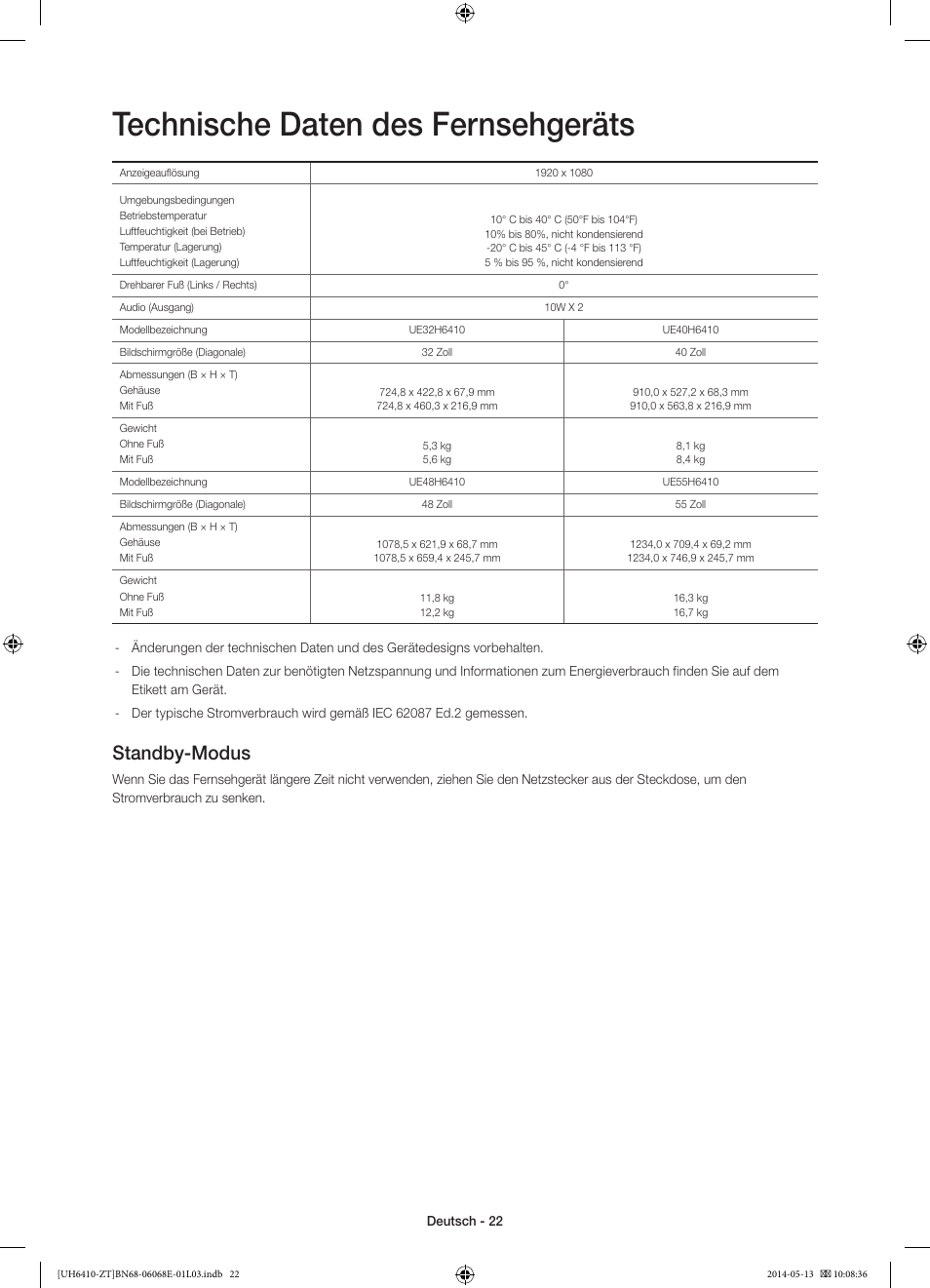 Technische daten des fernsehgeräts, Standby-modus | Samsung UE40H6410SD User Manual | Page 69 / 71