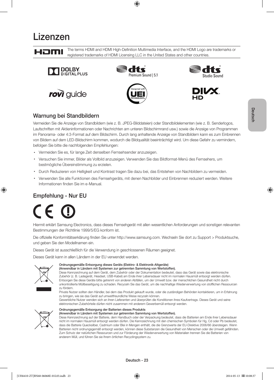 Lizenzen, Warnung bei standbildern, Empfehlung - nur eu | Samsung UE40H6410SD User Manual | Page 70 / 71