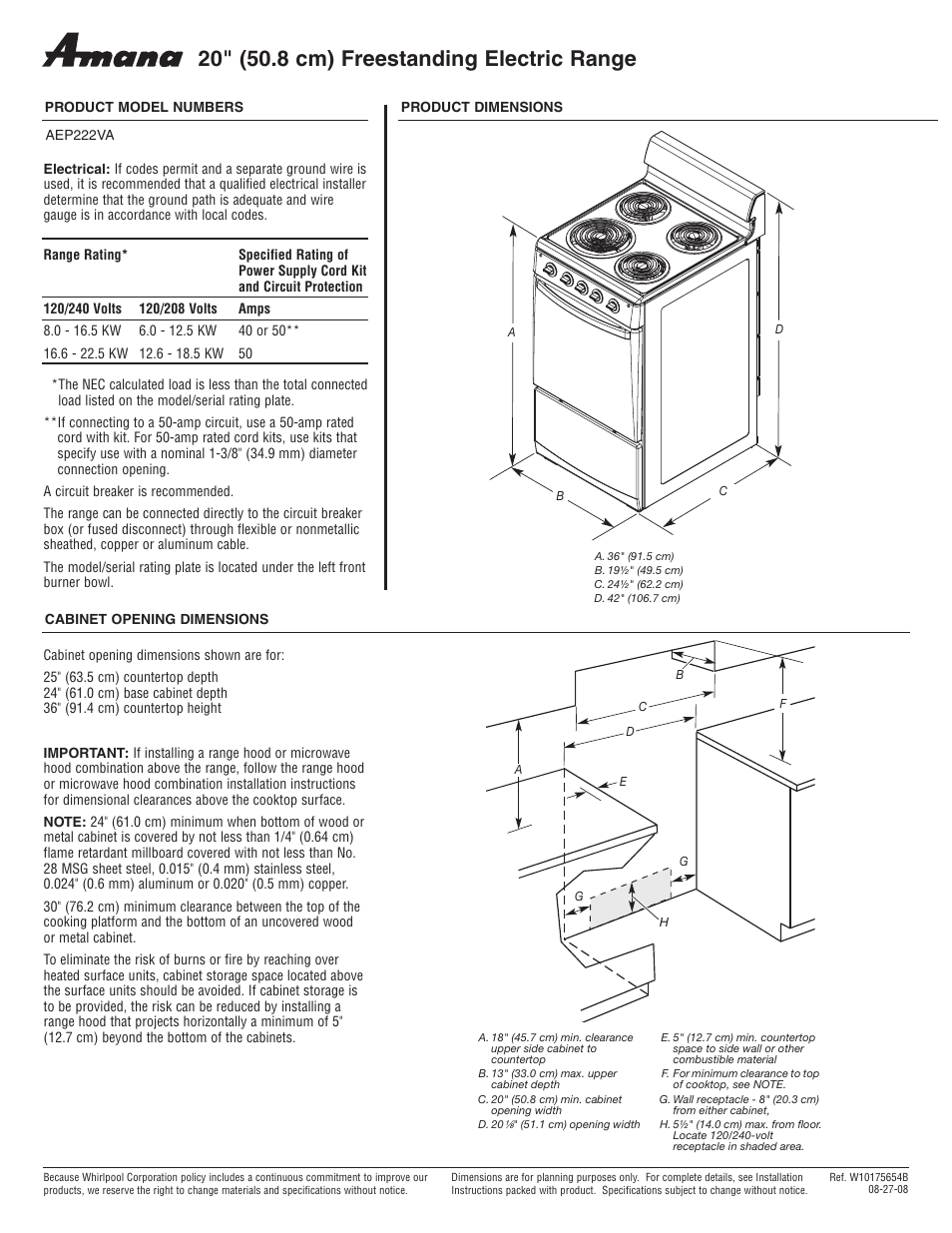 Amana AEP222VA User Manual | 1 page