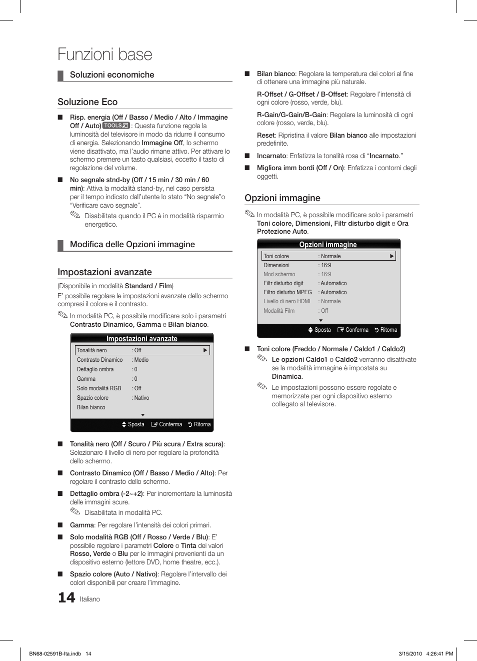 Funzioni base, Soluzione eco, Impostazioni avanzate | Opzioni immagine | Samsung LE19C451E2W User Manual | Page 131 / 158