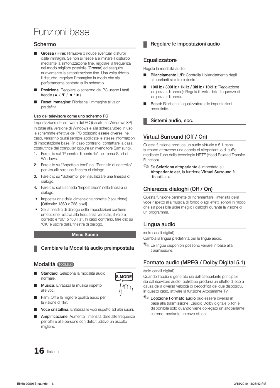 Funzioni base, Schermo, Modalità | Equalizzatore, Virtual surround (off / on), Chiarezza dialoghi (off / on), Lingua audio, Formato audio (mpeg / dolby digital 5.1) | Samsung LE19C451E2W User Manual | Page 133 / 158