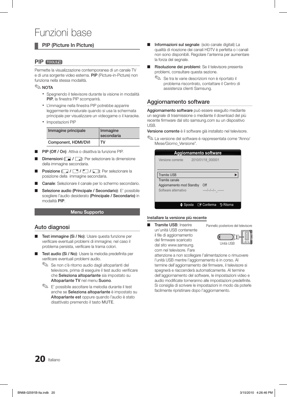 Funzioni base, Auto diagnosi, Aggiornamento software | Samsung LE19C451E2W User Manual | Page 137 / 158
