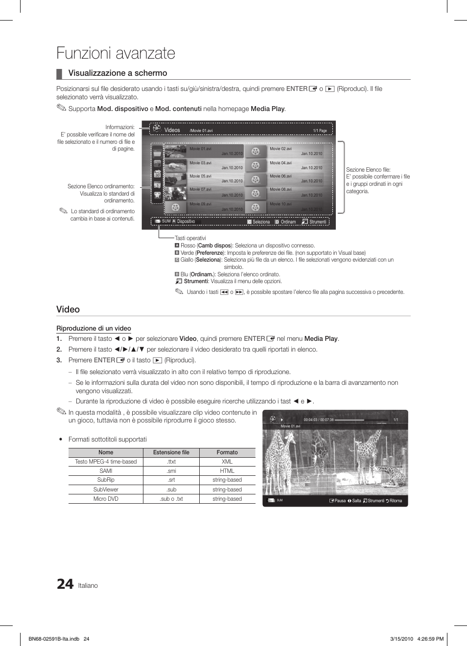 Funzioni avanzate, Video, Visualizzazione a schermo | Samsung LE19C451E2W User Manual | Page 141 / 158