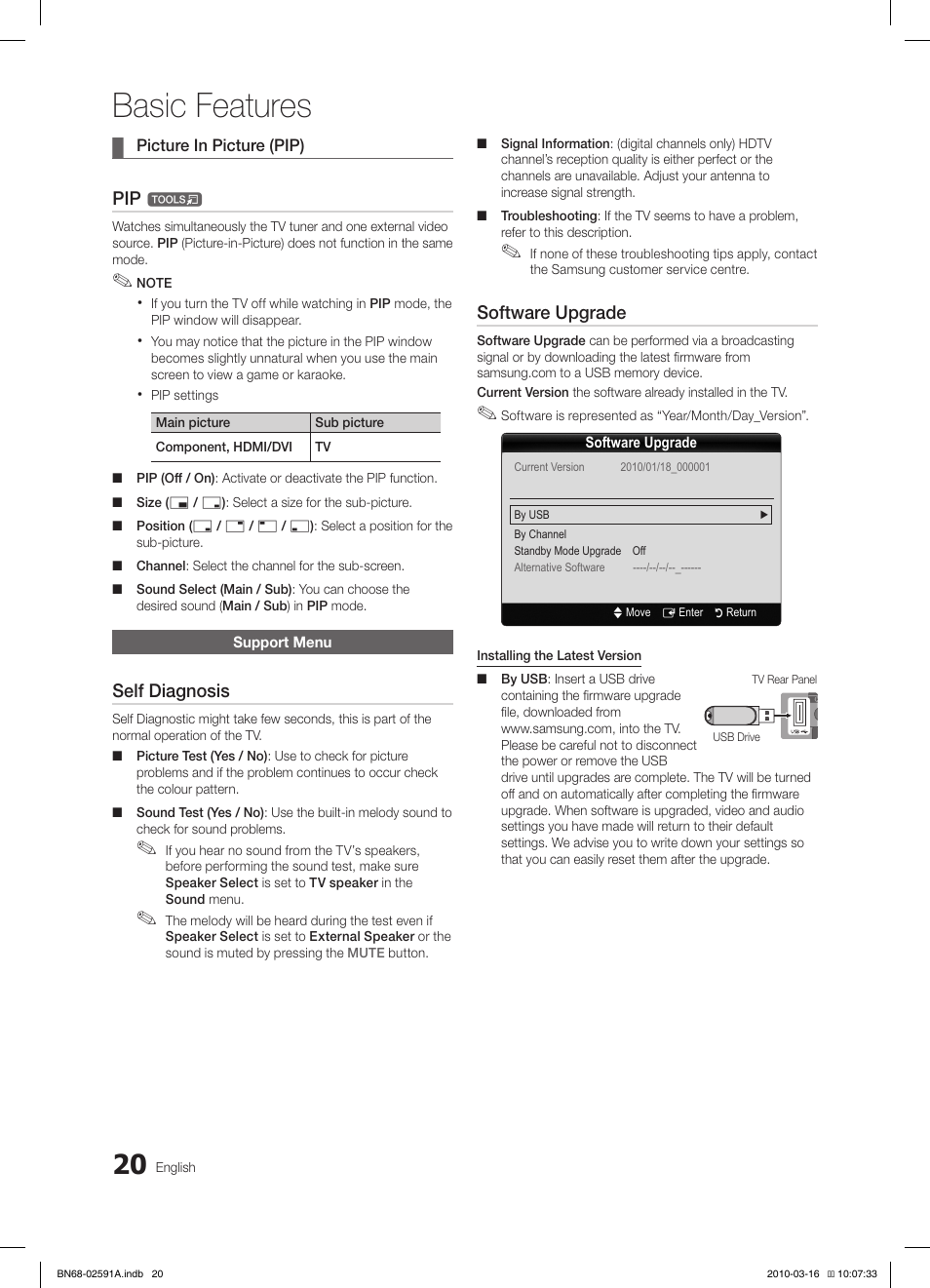 Basic features, Self diagnosis, Software upgrade | Samsung LE19C451E2W User Manual | Page 20 / 158