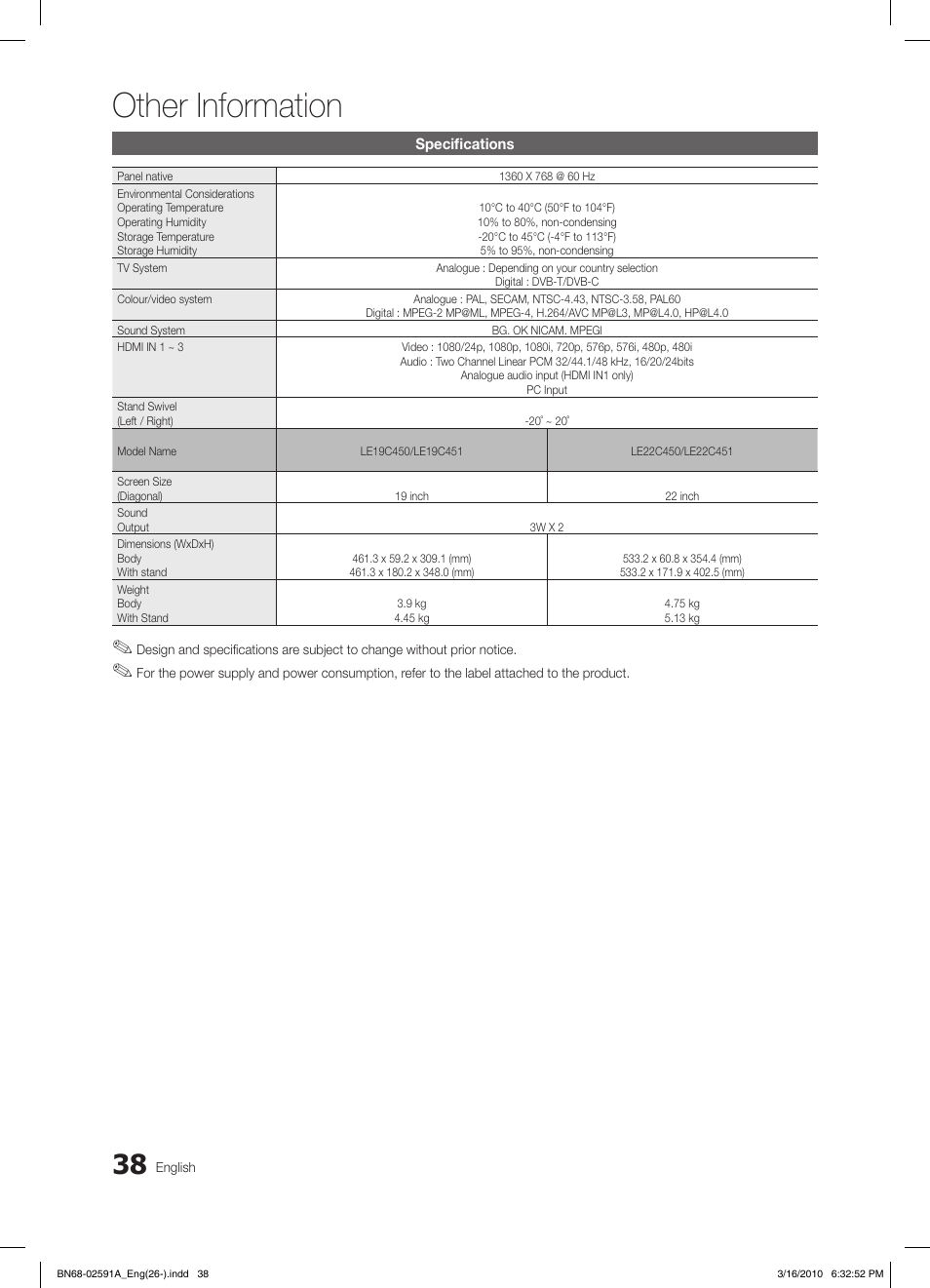 Other information | Samsung LE19C451E2W User Manual | Page 38 / 158