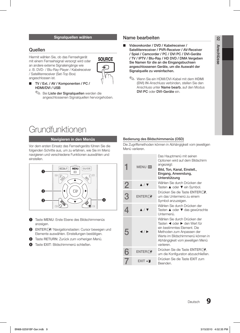 Grundfunktionen, Quellen, Name bearbeiten | Samsung LE19C451E2W User Manual | Page 48 / 158