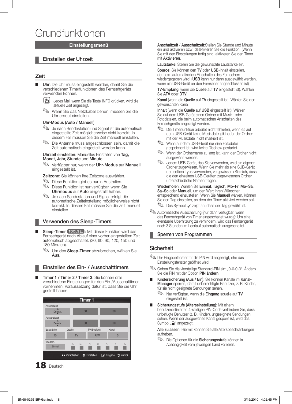 Grundfunktionen, Zeit, Sicherheit | Samsung LE19C451E2W User Manual | Page 57 / 158