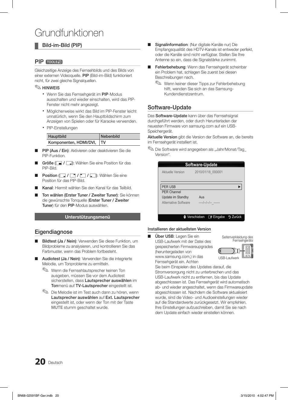 Grundfunktionen, Eigendiagnose, Software-update | Samsung LE19C451E2W User Manual | Page 59 / 158