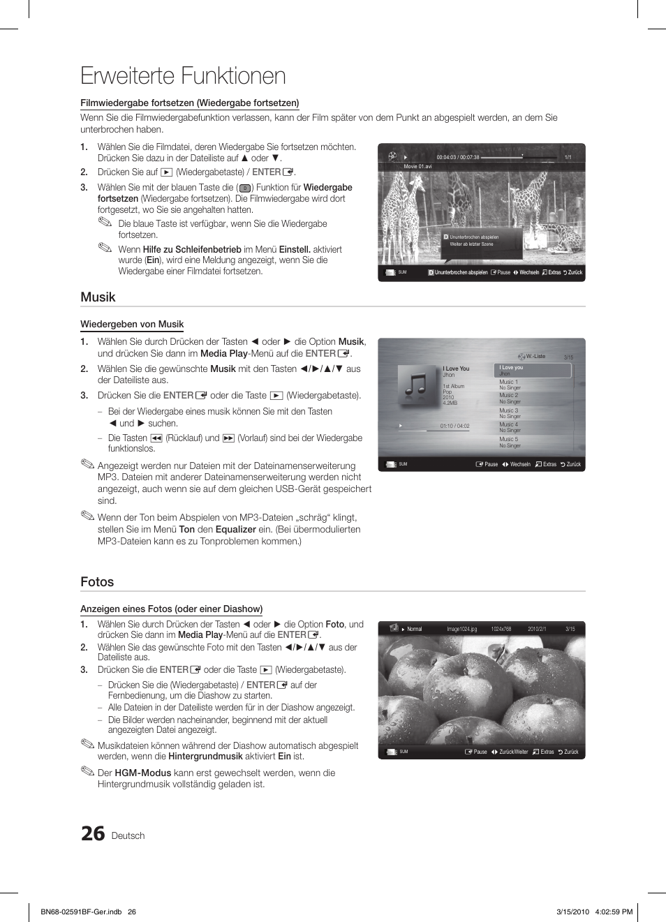 Erweiterte funktionen, Musik, Fotos | Samsung LE19C451E2W User Manual | Page 65 / 158