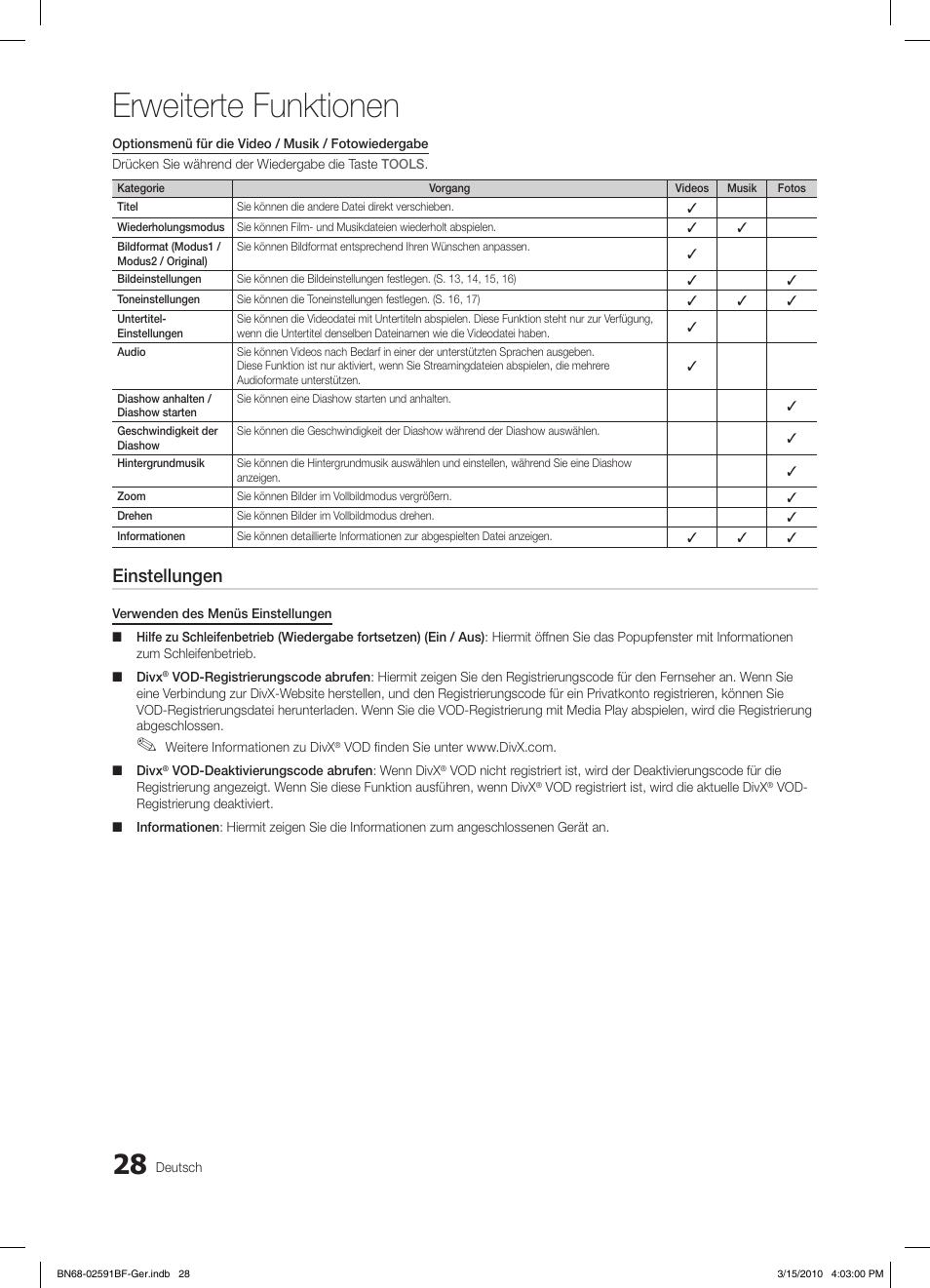 Erweiterte funktionen, Einstellungen | Samsung LE19C451E2W User Manual | Page 67 / 158